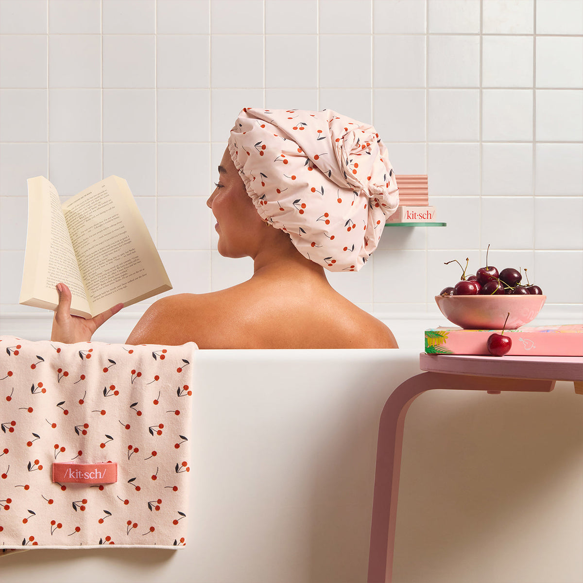Cherry Print Satin Shower Cap